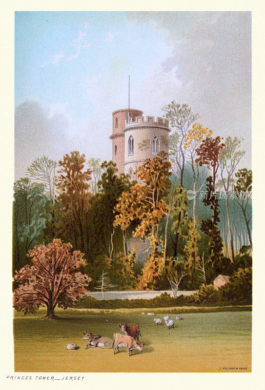 王子塔，La Tour d 'Auvergne，泽西岛，新哥特式建筑，维多利亚景观艺术19世纪